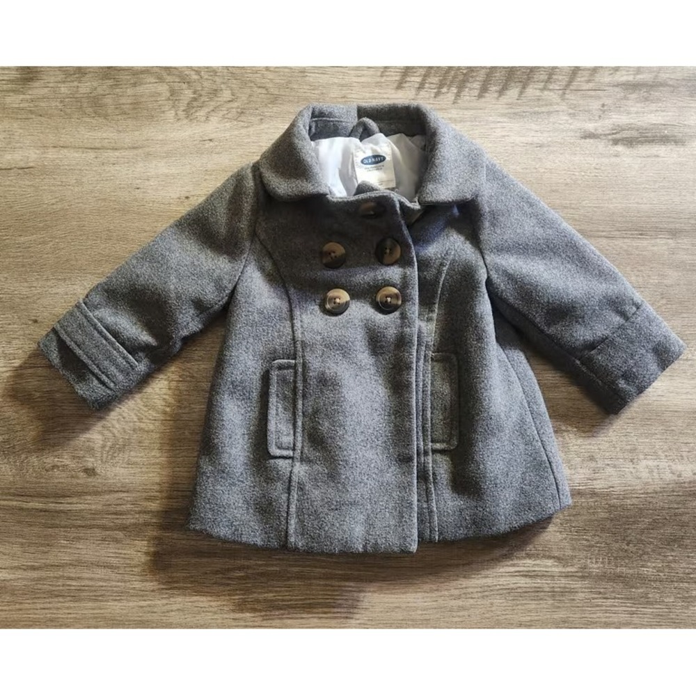 Old Navy Girls Gray Pea Coat Peter Pan Collar Pleated Back Coat 12-18 months